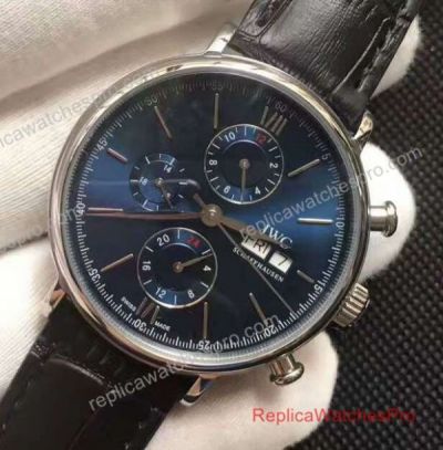 Replica IWC Schaffhausen Portofino Watch SS Blue Dial Black Leather Mens